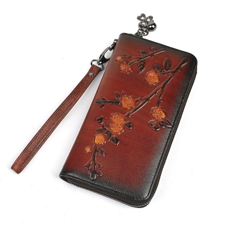 

Genuine Leather Wallet Women s Plum Blossom Embossed Long Retro National Trend First Layer Cowhide 19x10x2cm красный