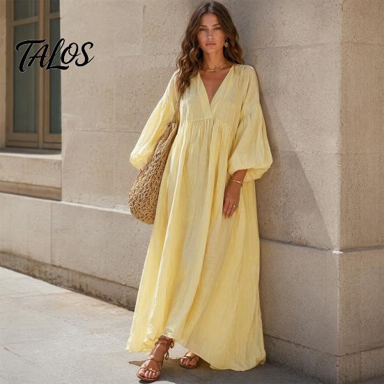 Polyester Dress Women Women's Deep V Neck Maxi Dress, Puff 3/4 Sleeve Retro Style A-Line Flowy Casual Loose Boho Beach Sundress Everyday Wear