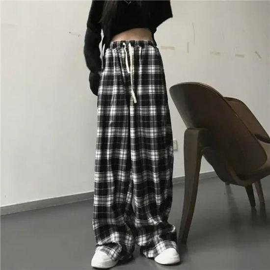 

American Trend Plaid Elastic Waist Casual Pants – Versatile Streetwear, Punk Style, Comfortable Straight-Leg Design. Small чёрный