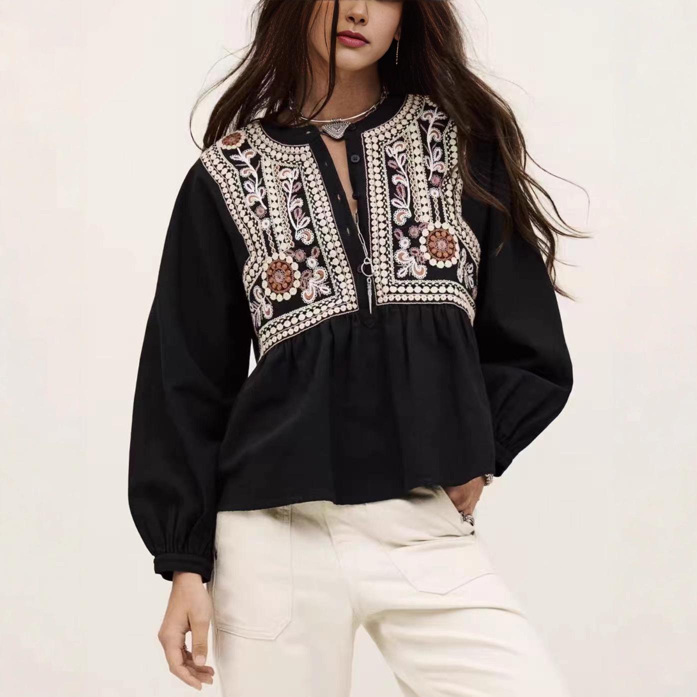 

Bohemian French Embroidered Lantern Sleeve Loose Shirt S чёрный