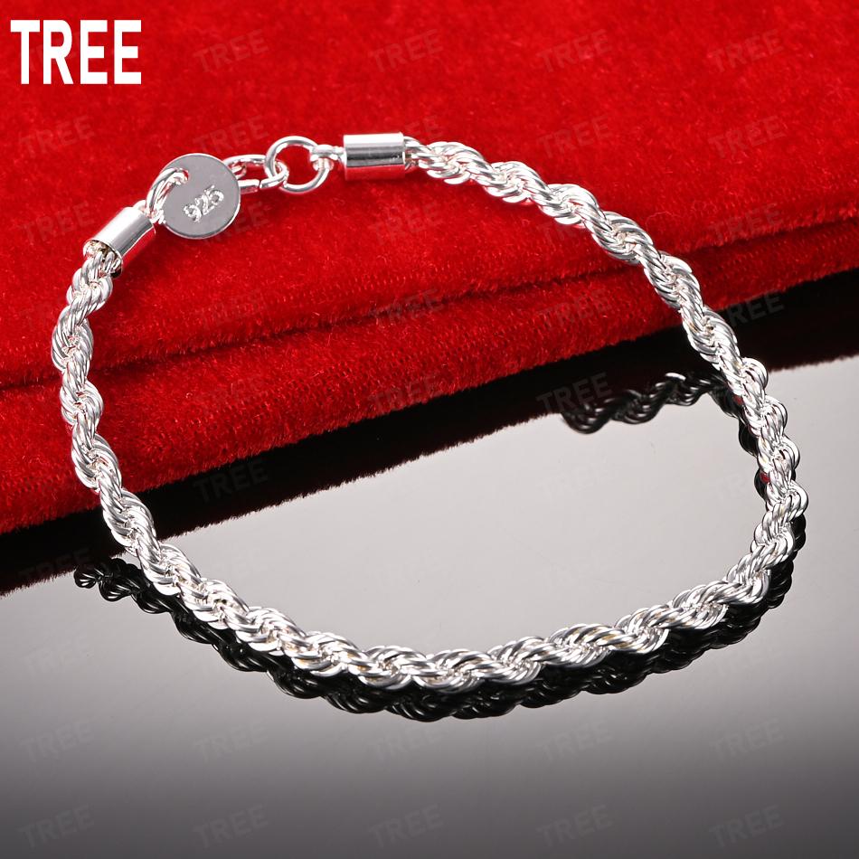 925 Sterling Silver 4mm Twisted Side Chain Exquisite Bracelet Gift Jewelry 20CM