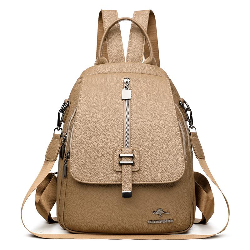 Women's Retro Solid Color Outdoor Backpack Soft Leather Large Capacity Backpack