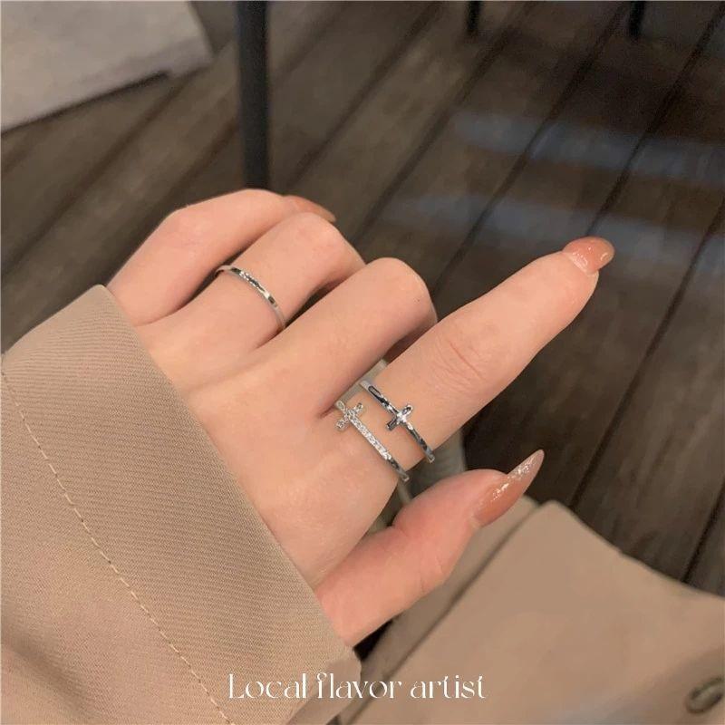 Elegant Double-Layer Zircon Cross Ring - Minimalist Open Design for Women