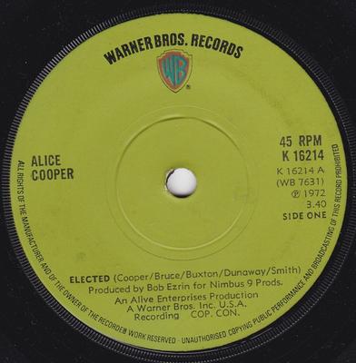 7inch Record ALICE COOPER - Elected  K16214 Warner Bros. Re 1972 UK Rock Used