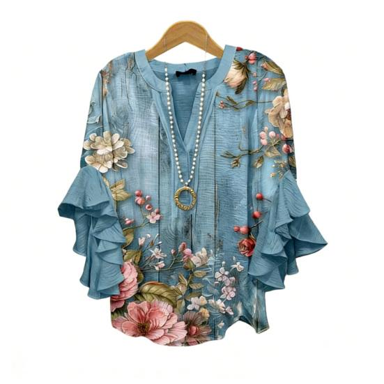 Women Shirt V-Neck 3/4 Ruffle Sleeves Floral Print Anti-Wrinkle Bohemian Blouse Loose Fit Ultra Lightweight Beach Shirt