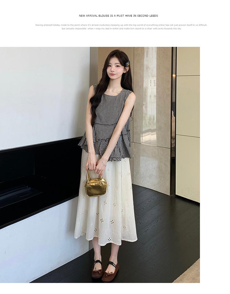 2026 Summer Plaid Sleeveless Maternity Top & Apricot Hollow-Out Skirt Set