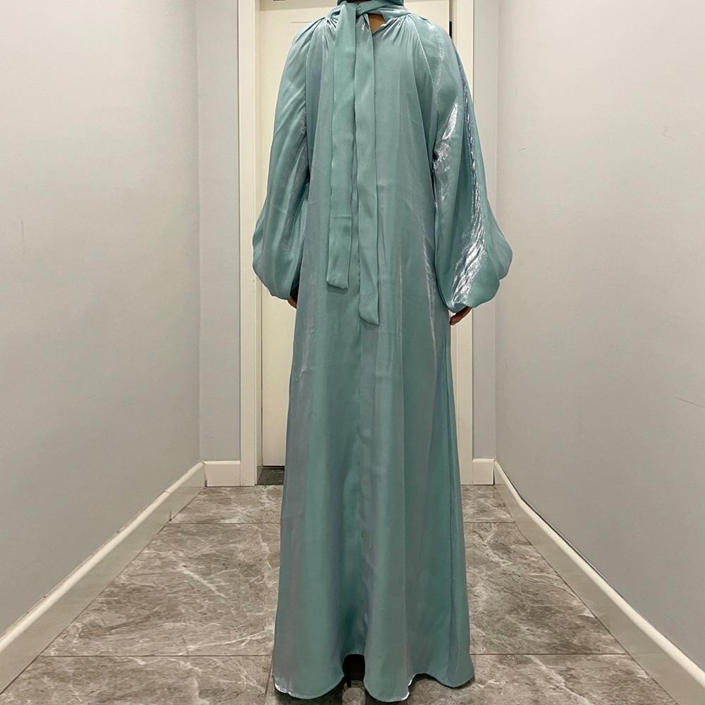 Damenkleidung, einfarbig, große Laternenärmel, helle Seide, lange Ärmel, Stehkragen, Rückenbindung, muslimisches Kleid, 6 Farben