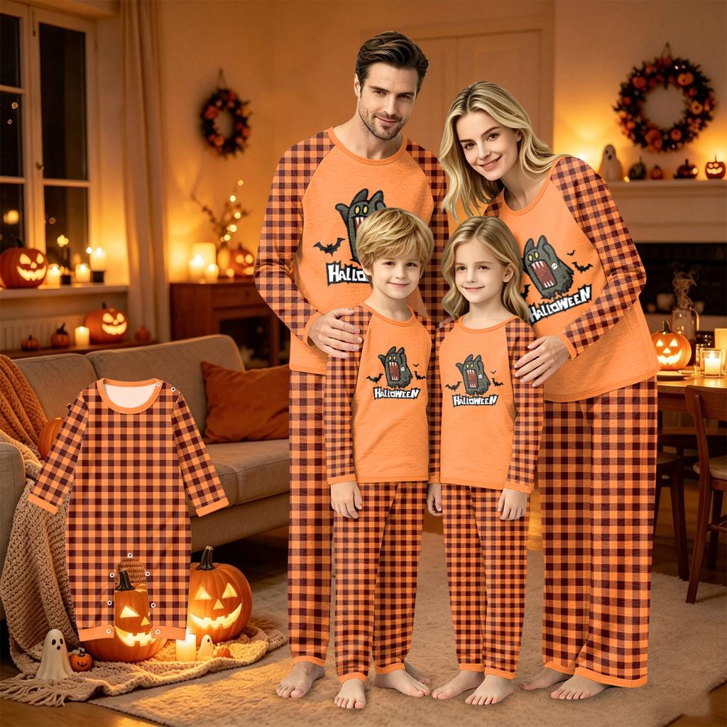 Family Matching Halloween Pajama Set with Patchwork Print - Cozy Loungewear for Parents and Kids