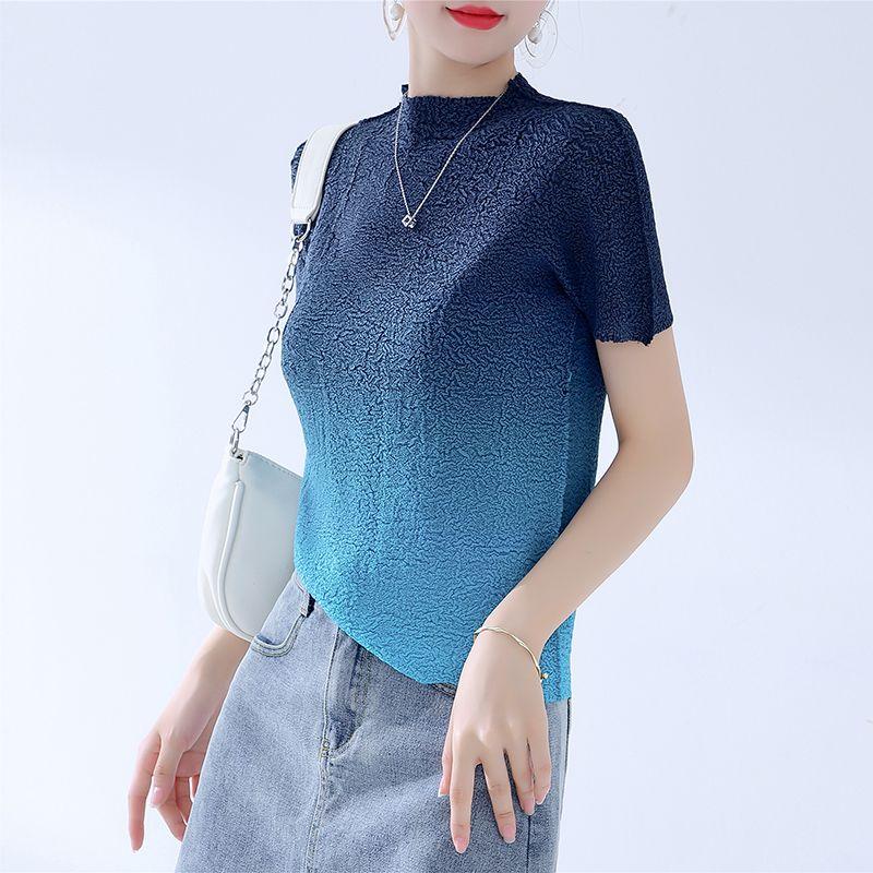

[Big Sale] Export Classy Gradient Color round Neck Pleated Tops Silm Easiest for Match Slim Looking Short Sleeve T-shirt Female New Arrival Peacock Blue One size