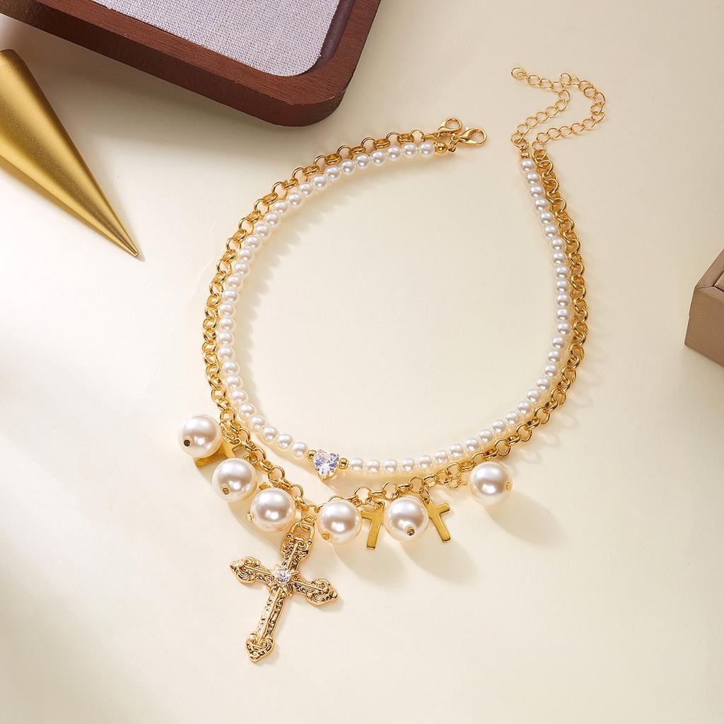 Luxury Baroque Imitation Pearl Cross Zircon Layered Necklace for Women Y2K Vintage Gold Plated Chain Choker Party Jewelry Gift