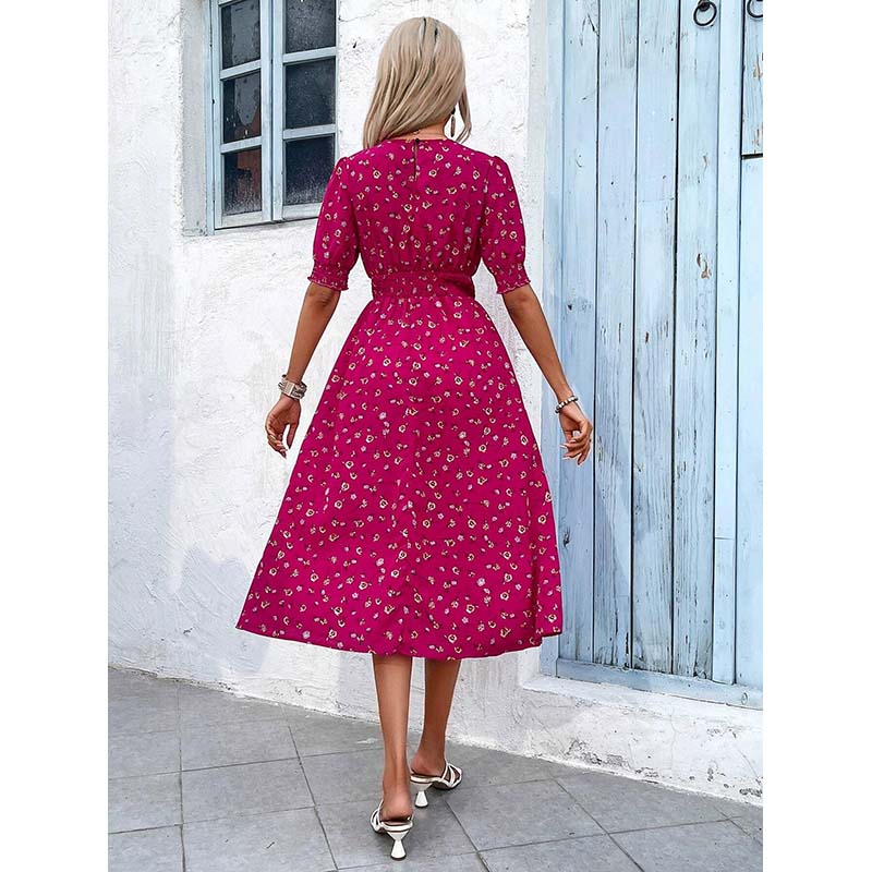 MODIQUE 2025 Yaz Yeni Kadın Zarif Çiçek Desenli Kabarık Kollu Lastikli Bel Uzun Elbise Bayan Günlük A-Kesim O Yaka Elbise