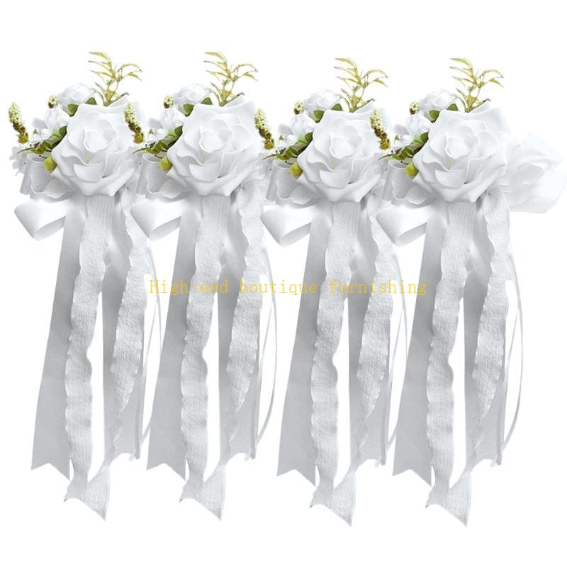 Set mit 4 eleganten Blumen-Schleifen-Anhängern für Hochzeitsauto-Gläser und Türgriffe