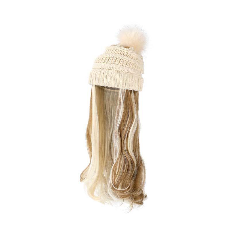 Autumn Winter New European American Women's Long Curly Hair Big Wave Hat Solid Color Knitted Yarn Wig Diagonal Bangs
