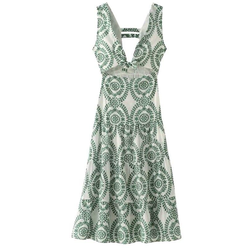 

Fashion Style 2024 Summer New Arrival Women s Clothing Stylish Silm Bow Tie Cut Out Embroider Dress 3356697 Green L