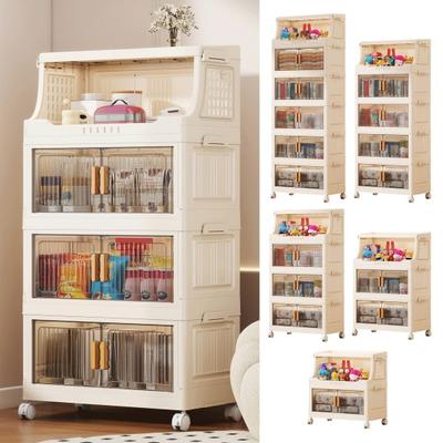 Stackable Collapsible Storage Bins Storage Boxes with Door And Wheels Multi-tier Rolling Organizer with Shelf for Kids Toys Snacks Blanket Pillow