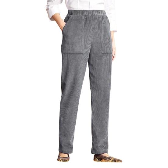 Corduroy Casual Pants Elastic Waist Women Long Pants with Pockets Solid Color Straight Leg Commuting Office Travel Slacks