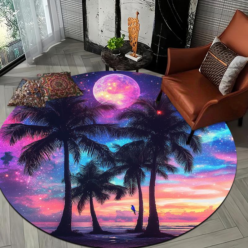Dreamy palm tree Flannel-printed round floor mats are slip-resistant Suitable for living room bedroom terrace garden carpets