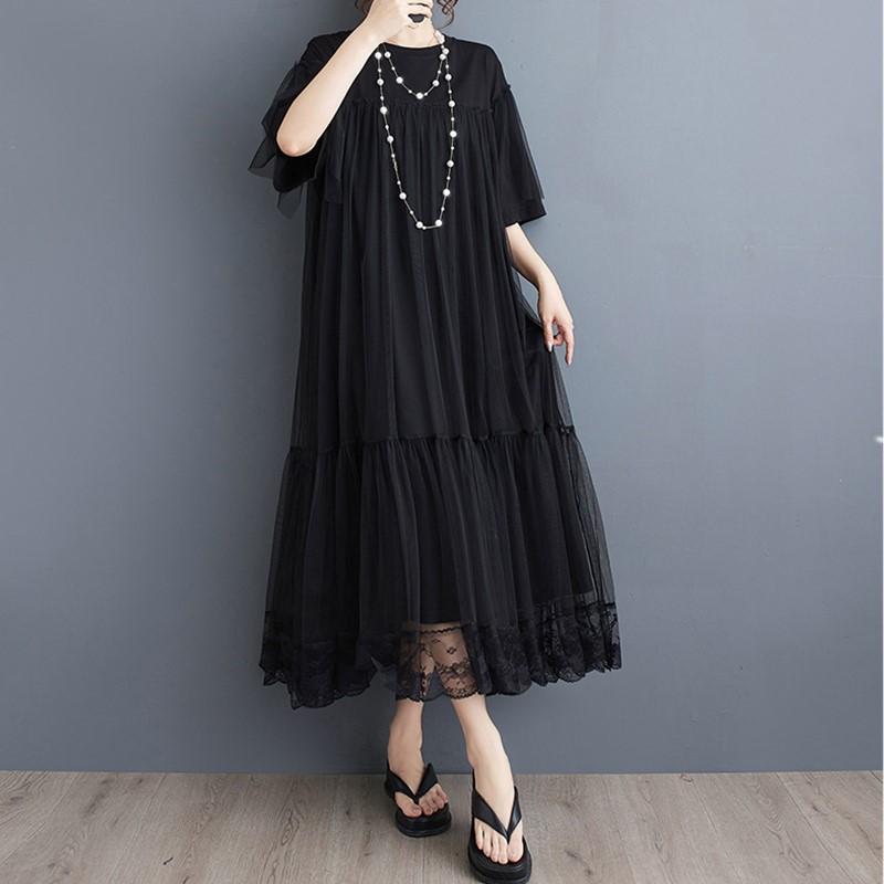 Short Sleeve Plus Size Black Cotton Mesh Vintage New In Dresses for Women Casual Loose Long Summer Dress