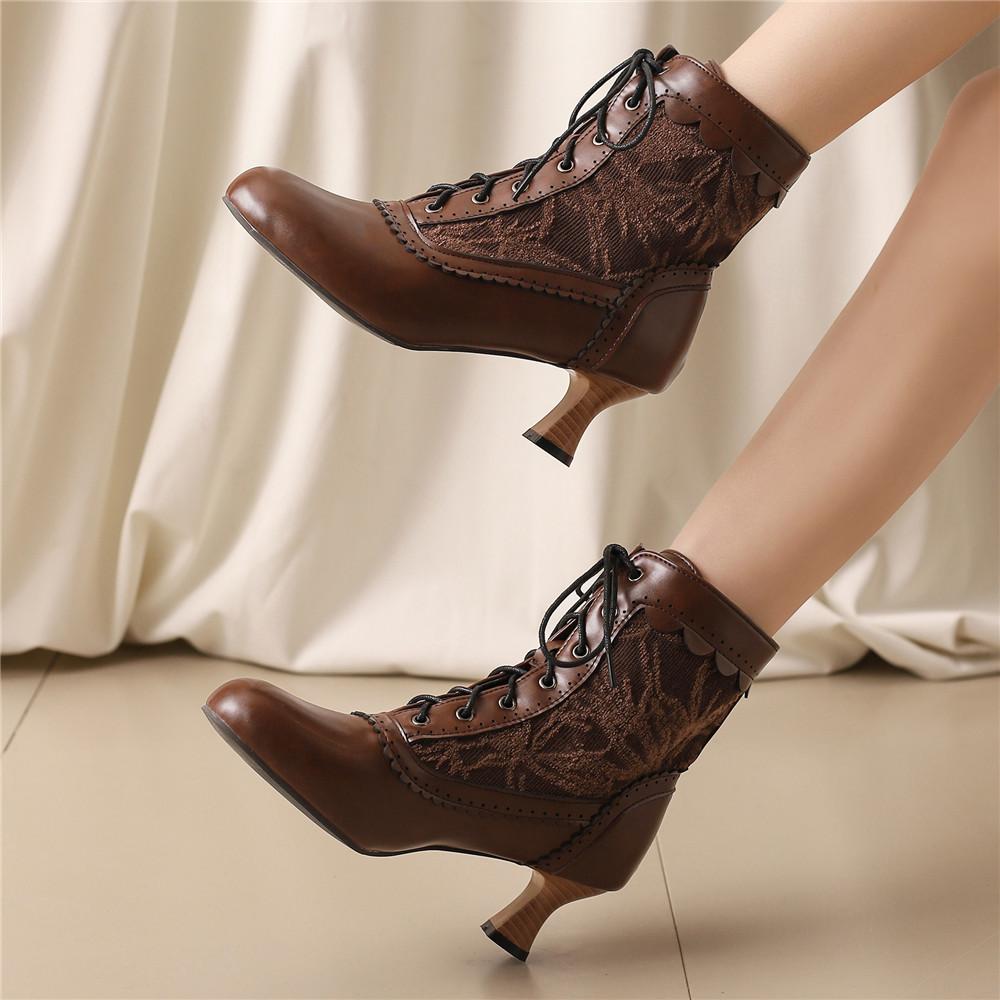 New Lace Up Ladies High Heel Shoes Strange Steampunk Boot Victorian Ankle Boots Women Pointed Toe Thick Soled Short Boots