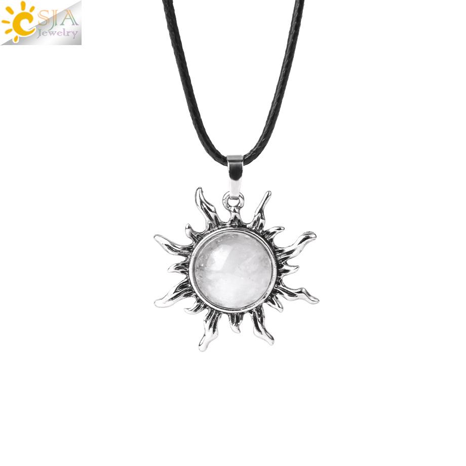 CSJA Vintage Sun Flower Pendant Natural Stone Crystal Necklace Genuine Round Amethysts Pink Quartz Obsidian Lapis Lazuli H120