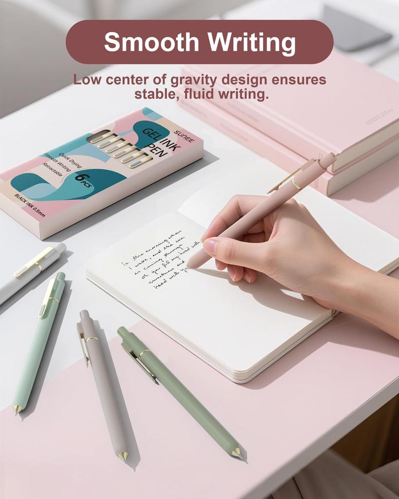 SUNEE Gel Black Smooth Cute and Beautiful Perfect for and Morandi Colors Pens, 6-Pack, 0.5mm, Quick-Drying Ink, Writing, Design, School, Office,