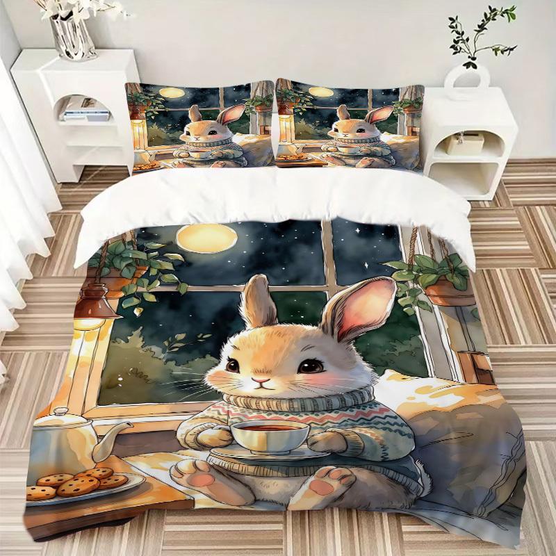 3pcs Anime Bunny Tea Party Bedding Set - Includes One Quilt Cover and Two Pillowcases (No Core) - Perfect for Bedroom and Guest Room Decorat
