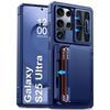 With Card Holder Sliding Camera Cover And Stand For Samsung Galaxy S25 Ultra Phone Case, Anti-Fall PC+TPU Wallet Case-Blue