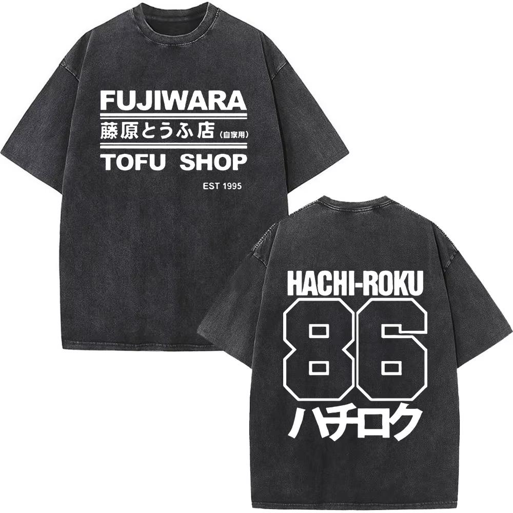 Initial D AE86 JDM Drift T-Shirt Vintage Washed Cotton Graphic Tee Men Unisex Oversized Crew Neck Short Sleeve Retro Streetwear Top Car Merch Gift