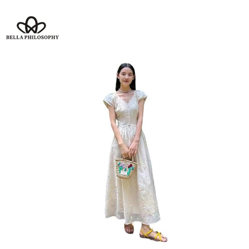 Elegante französische Blattstickerei Tencel V-Ausschnitt Spitze Feenrock Kurzarmkleid Langes Kleid Lässiger Stil Elegantes Kleid