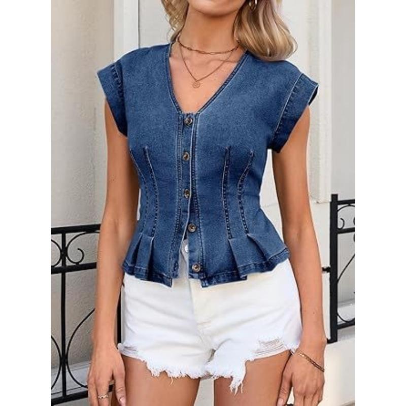 Women S V Neck Denim Vest Buttoned Slim Fit Casual Short Top
