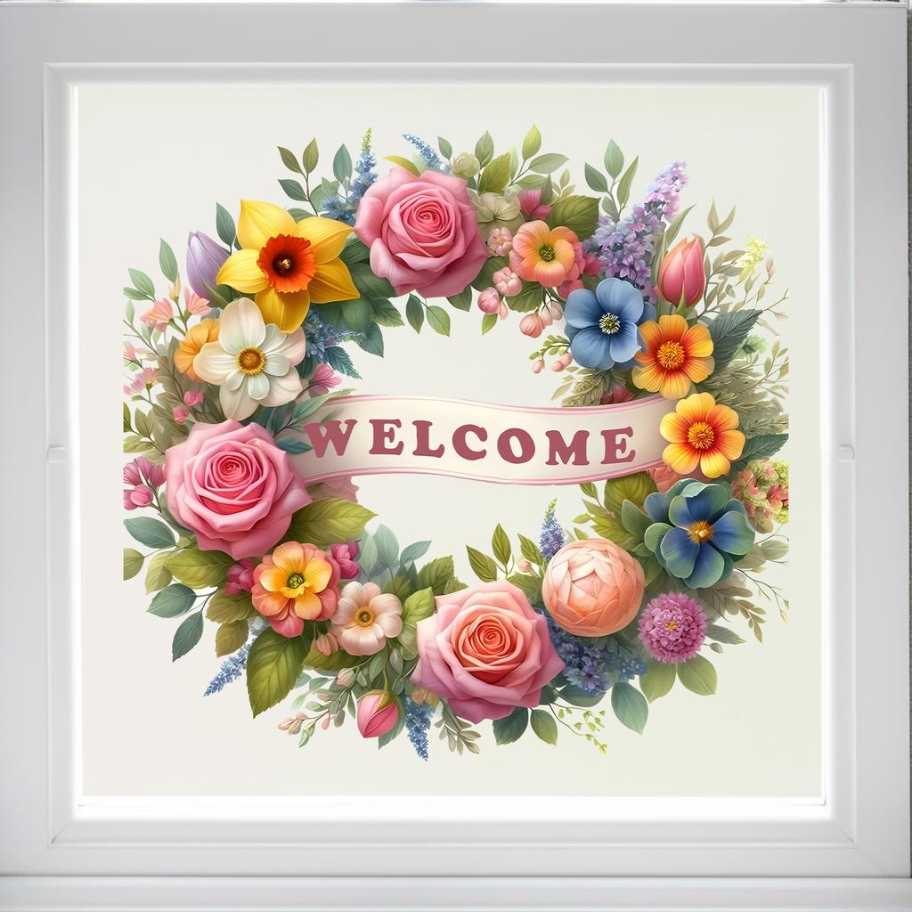 Welcome Wreath Static Cling Window Sticker Self-Adhesive Removable Bedroom Living Room Balcony Glass Door Home Decor Art