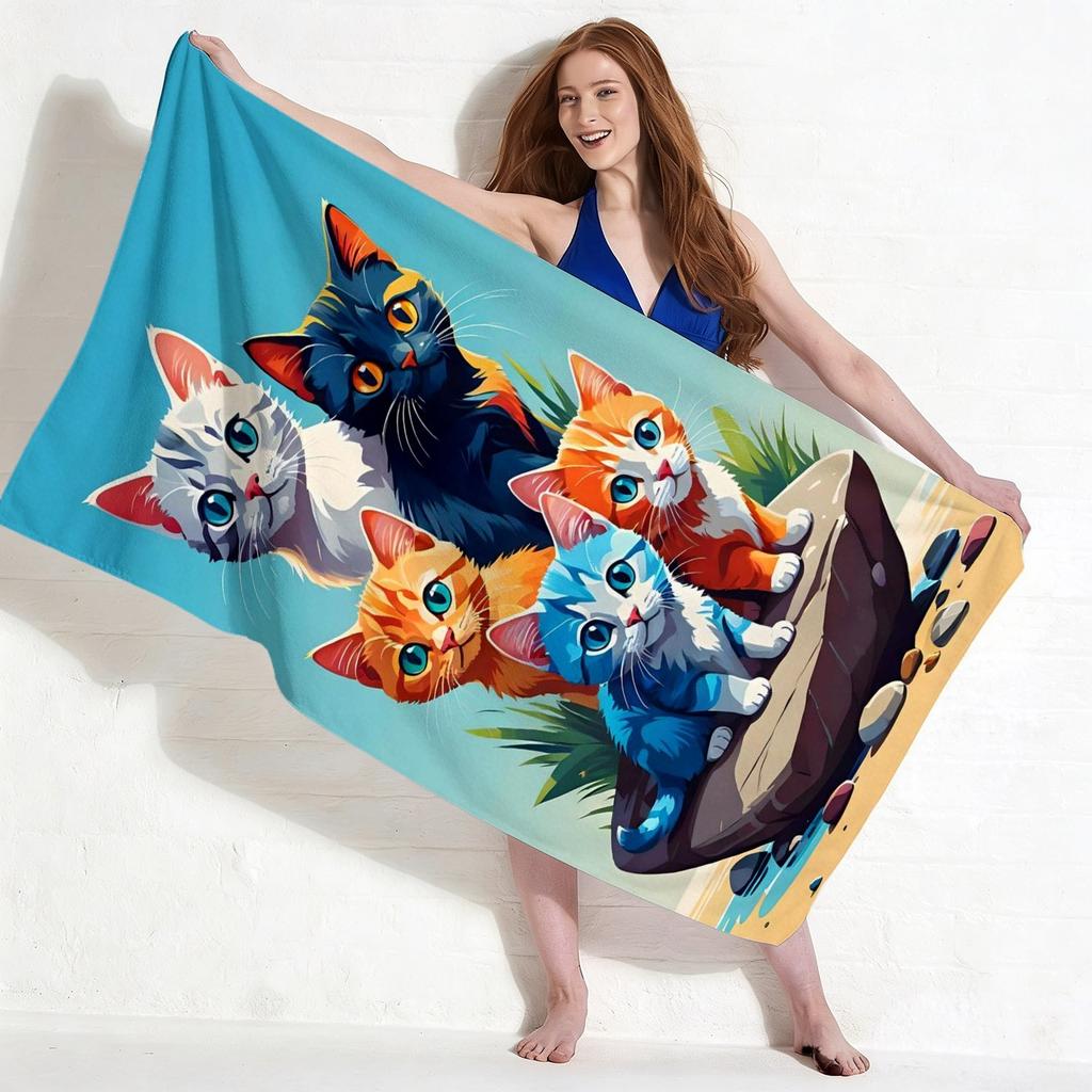 Vibrant Blue Cat Towel, Cute Group of Colorful Kittens on Beach Print Bath Towel, Playful Cat Lover Summer Essential 1pcs