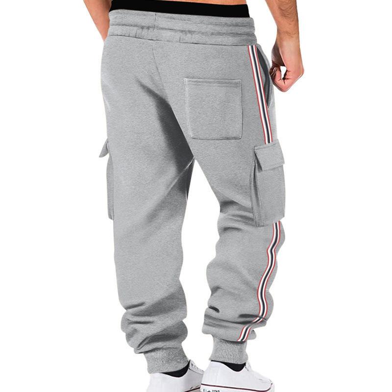 Men Cargo Jogger Sweatpants, Elastic Drawstring Waist Side Flap Cargo Pockets Stripe Seam Ribbed Ankle Cuffs Soft Fleece Casual Athletic Trousers