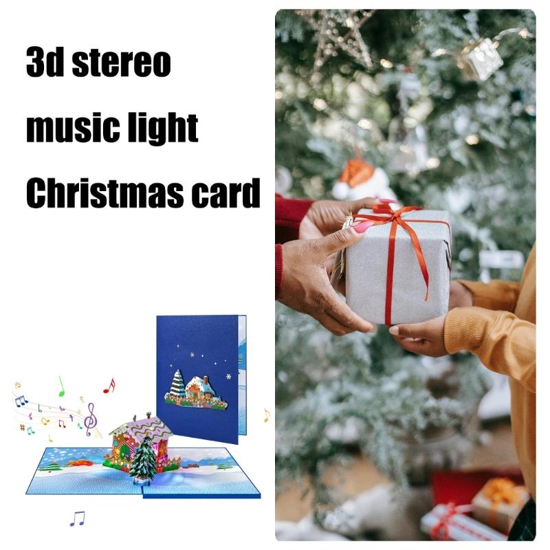LED Işıklı Müzikli Noel Kartı Katlanabilir 3D Açılır Tebrik Kartı Zarfıyla El Yapımı Davetiye Kartpostalı