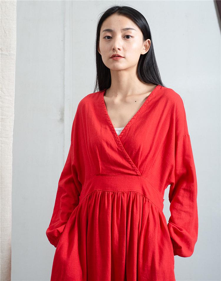 Women's Washed Bamboo Linen Chinese-Style Dress with Waist Seal, Available In 3 Colors