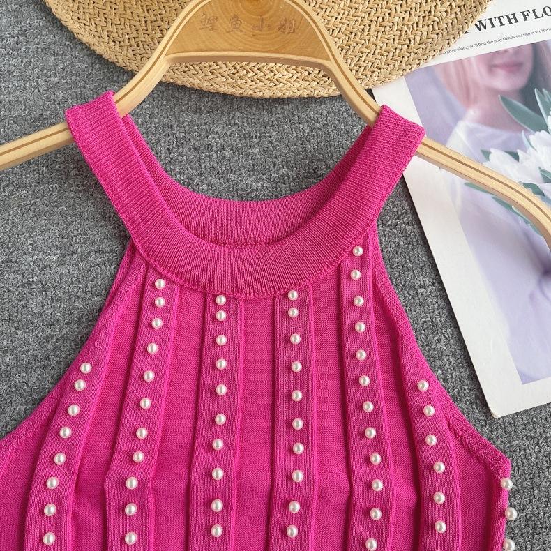 Pure Desire Top Women's Heavy Industry Beads Slim-fitting Short Sexy Off-the-shoulder Neck Sling Vest Women's Versatile Knitted Sweater Tide