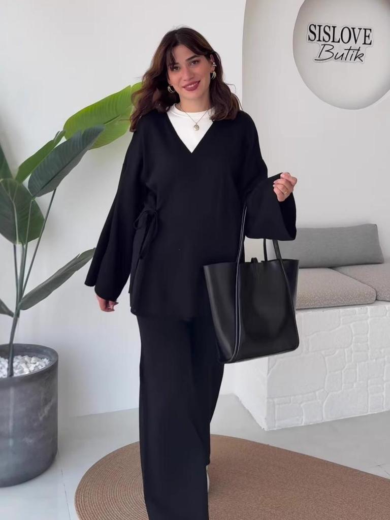 2025 Autumn Women's Crossover Collar Cardigan & Long Pants Set - Solid Color, Long Sleeve, Casual