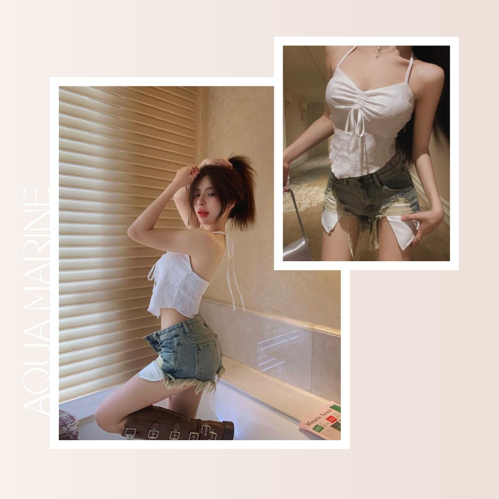 AQUA Marine Cropped Camisole with Lace Halter Gathered and Ribbon Feminine and Cute for a Casual or Sexy Summer Resort Look One Women's Neck, Chest,