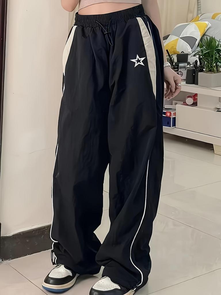 Retro-Freizeithose mit hoher Taille für Damen: Harajuku Spliced Sports Style, Street Fashion, Hip Hop Loose Fit mit Kordelzug