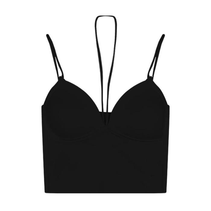 

Женский сексуальный черный топ-майка с халтером, перекрещенными бретелями и нагрудными подушечками - летний ледяной шелк One Size чёрный