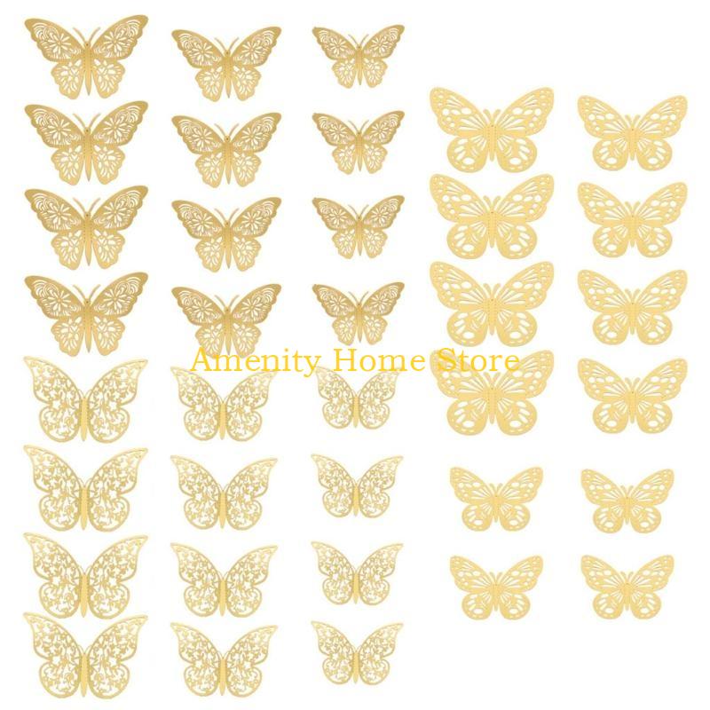 F26C 36 Pcs Hollow 3D Three-dimensional for Butterfly Wall Sticker Elegant Paper Wall Decal Artistic Stickers Home Wall Decor