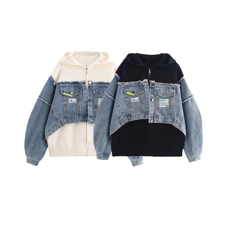 Kaslead New Arrival Women's Clothing Fashion Wind Heavy Industry Boutique Sweater Denim Stitching Thickening Outwear Cardigan