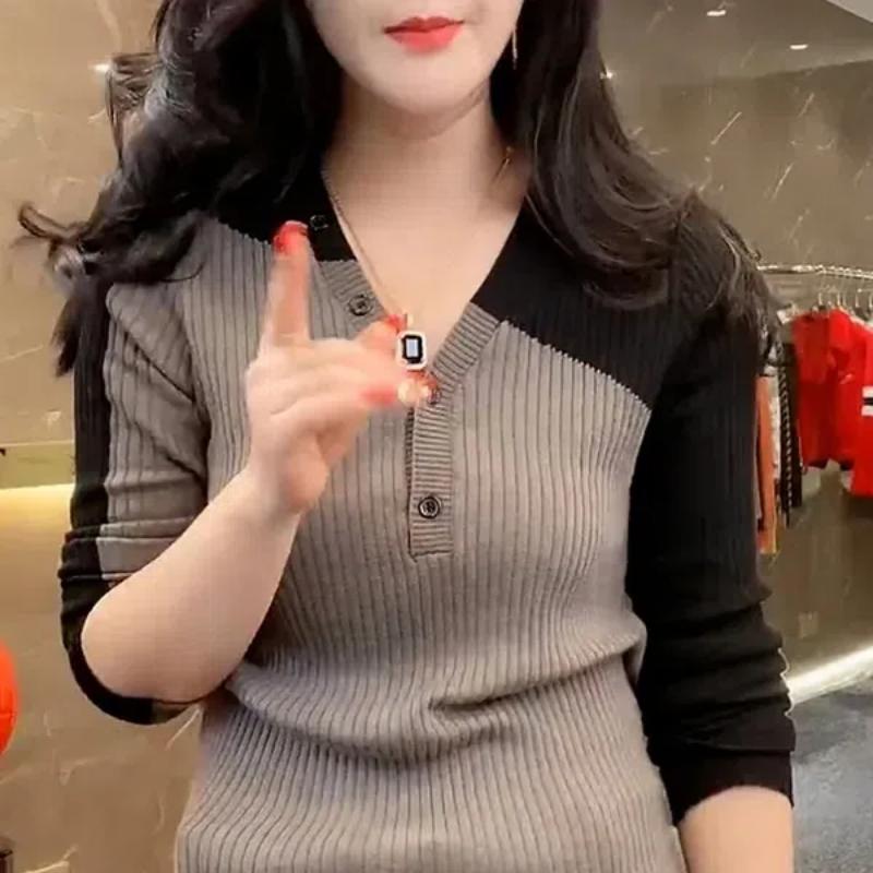 

Весна Осень Новая Мода V-образный вырез Длинный рукав Женские Пуловеры Лоскутное сочетание цветов Вязаная Базовая Рубашка 2XL кофейный