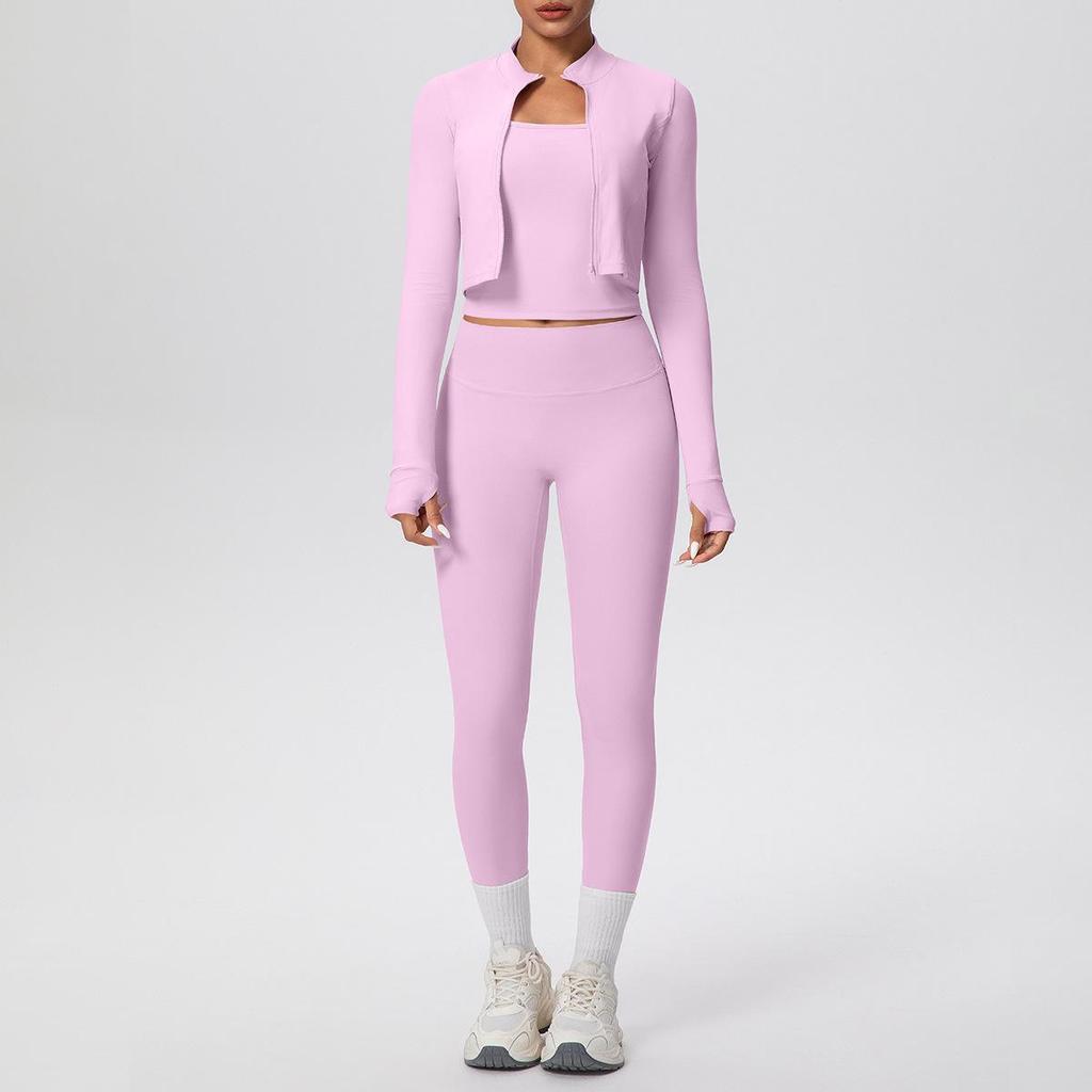 Women's Fitness Yoga Set: Shockproof Ribbed Tank, Zipper Jacket, High-Waisted Skin-Friendly Pants