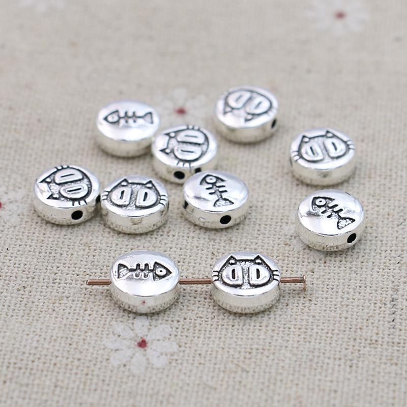 10Pcs Antique Silver Plated Cat Fish Spacer Beads Round Loose Beads For Jewelry Making Bracelet Accessories 10Mm