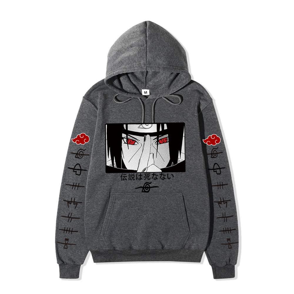 Anime Naruto Itachi Uchiha Hoodie Double Sleeve Akatsuki Cloud & Symbol Print Sharingan Character Front Print Pullover Sweatshirt Men Women Streetwear