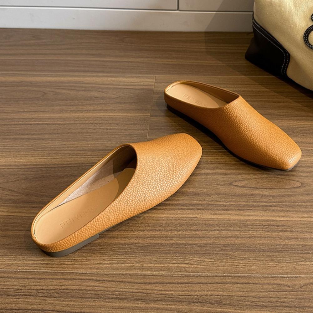 Genuine Leather Slippers Women's Summer Outer Wear Flat Bottomed Casual Muller Bag Head Half Slippers Mules Women's Flat Shoes