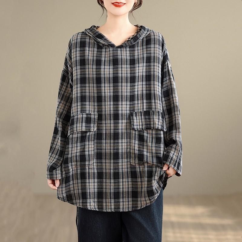 

хлопковая винтажная худи оверсайз с длинным рукавом в клетку, повседневная свободная футболка, топы, женская футболка, весна-осень M чёрный