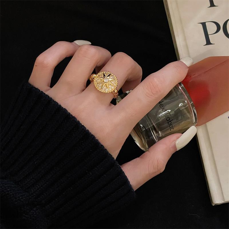 Medieval Style Flower Compass Open Ring Full Of Diamonds Zircon Court Style Retro Gold Phoenix Premium Ring