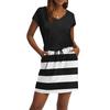 Women's Summer V-Neck Casual Short Sleeve Drawstring With Pocket Striped Patchwork Dresses